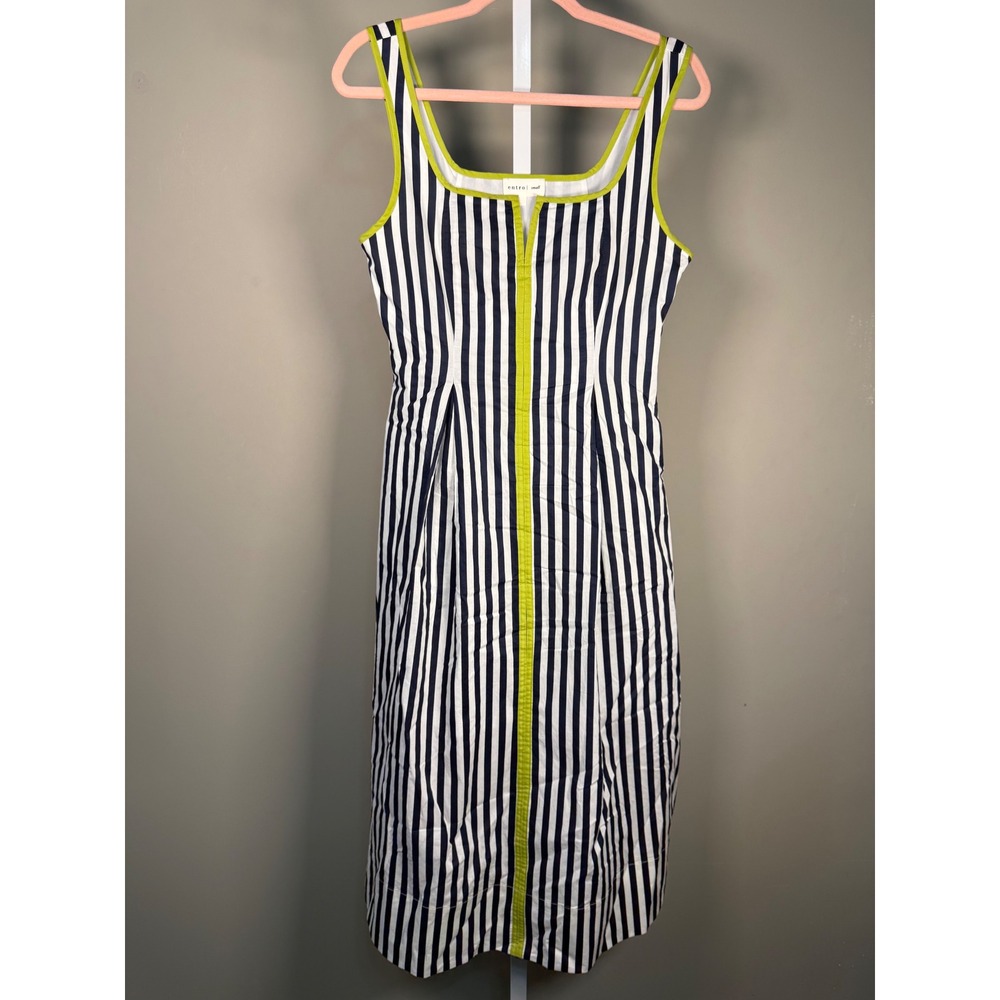 Entro Striped Midi Dress Green Trim Sleeveless Coastal Preppy Cotton Small - Picture 3 of 9